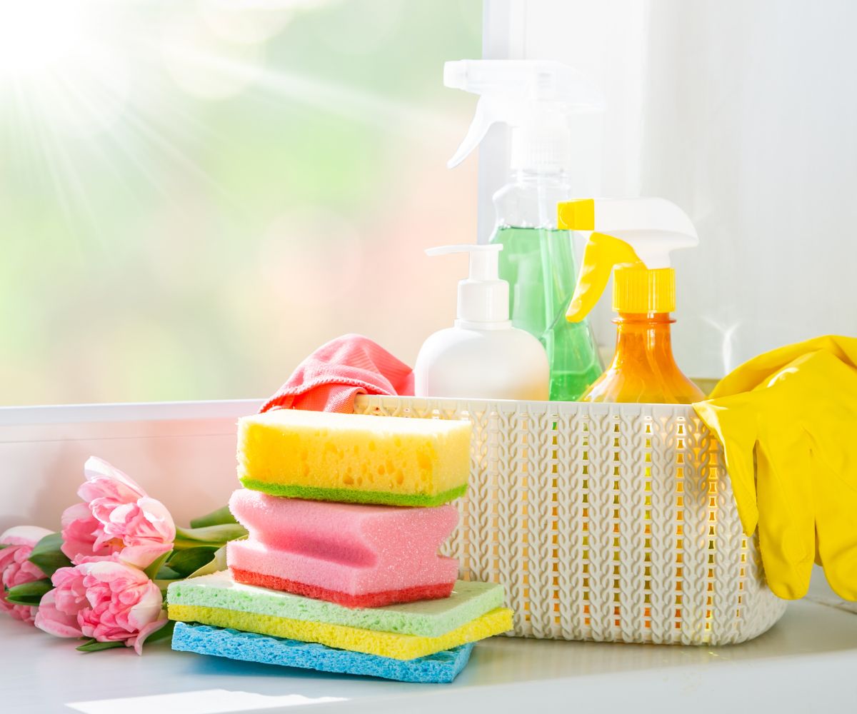 Fresh cleaning supplies on a sunny windowsill